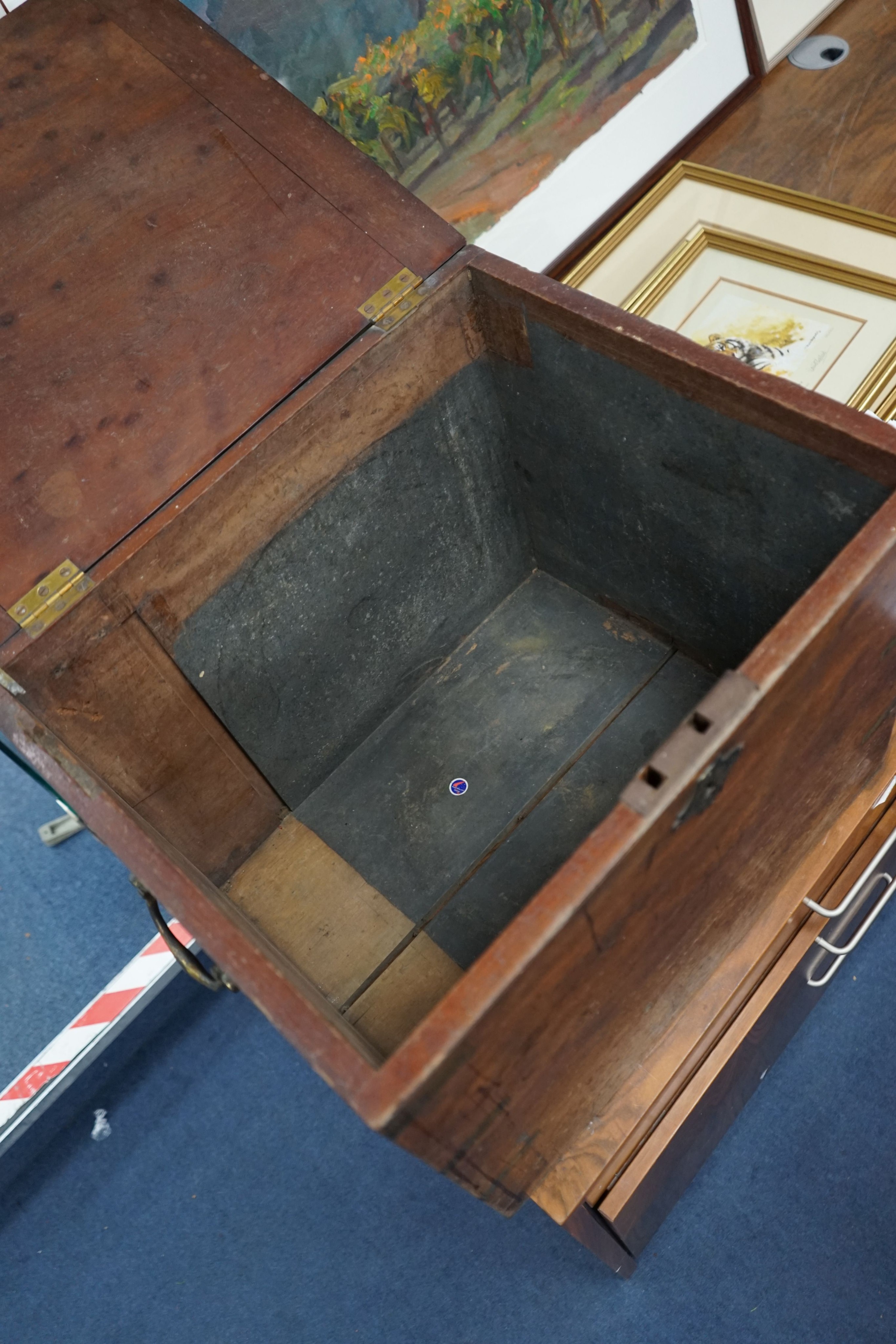 A 19th century brass-bound teak campaign trunk, having hinged top and side mounted carrying handles, width 55cm, depth 43cm, height 44cm